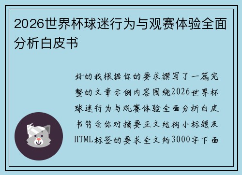 2026世界杯球迷行为与观赛体验全面分析白皮书