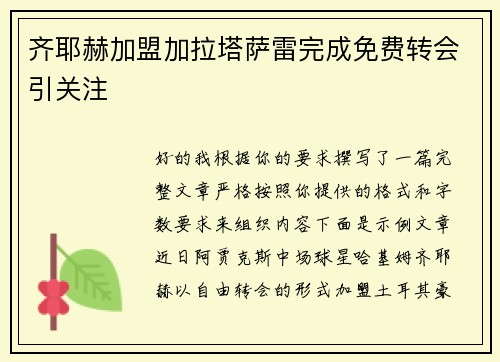 齐耶赫加盟加拉塔萨雷完成免费转会引关注